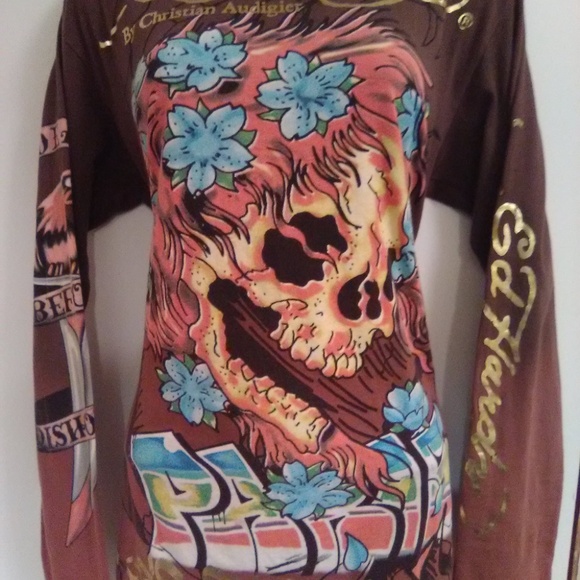Ed Hardy Brown Long Sleeve Skull Graphics t-shirt Rare Find - Picture 13 of 16